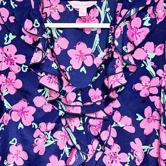 NWOT Lilly Pulitzer Allison Navy Pink Floral Ruffled Tank Top Sz XS Host Pick - Picture 4 of 6